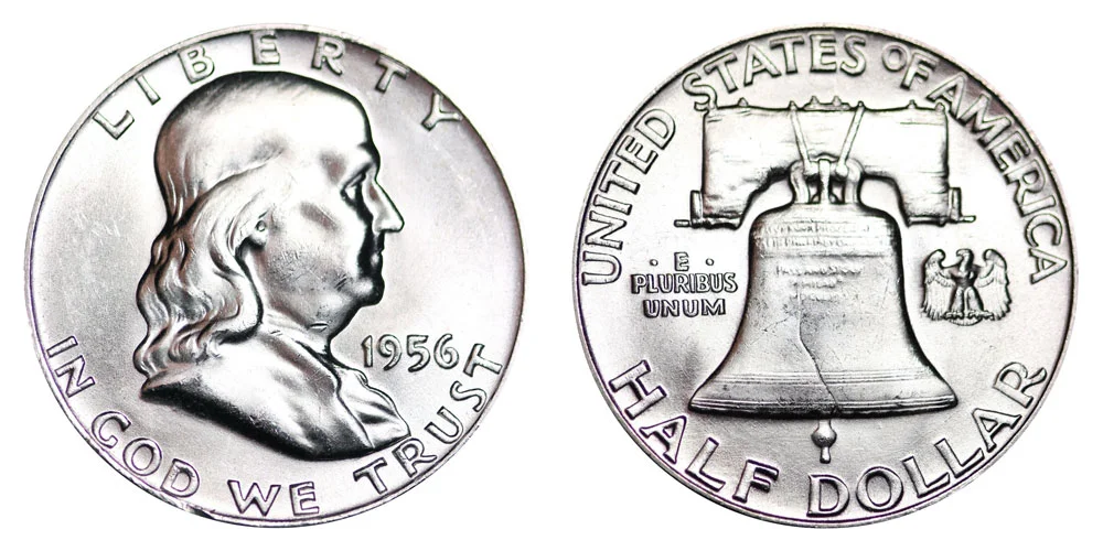 1956 Franklin Half Dollar reverse comparison: incomplete bell lines vs Full Bell Lines FBL designation