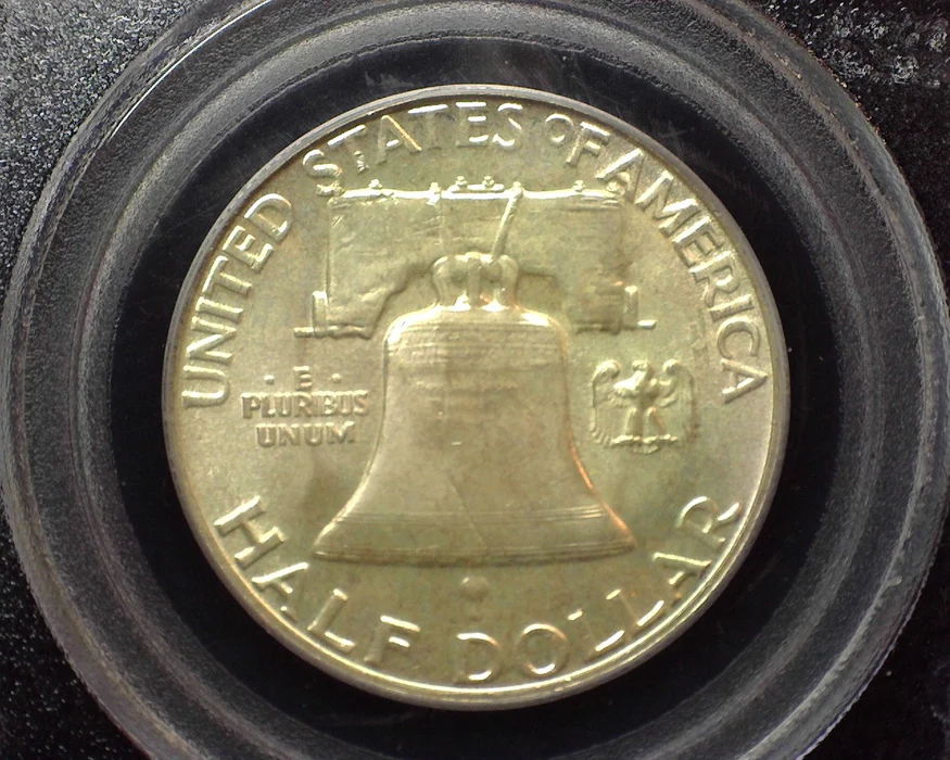 1956 Franklin Half Dollar Full Bell Lines close-up showing complete horizontal lines at base of Liberty Bell