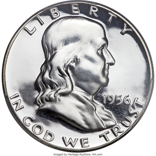 1956 Franklin Half Dollar Type 1 proof reverse showing four feathers to left of eagle perch, the key diagnostic for this scarce variety