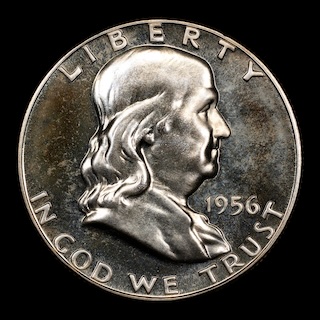 1956 Franklin Half Dollar Type 2 Doubled Die Obverse FS-101 showing doubling on LIBERTY inscription