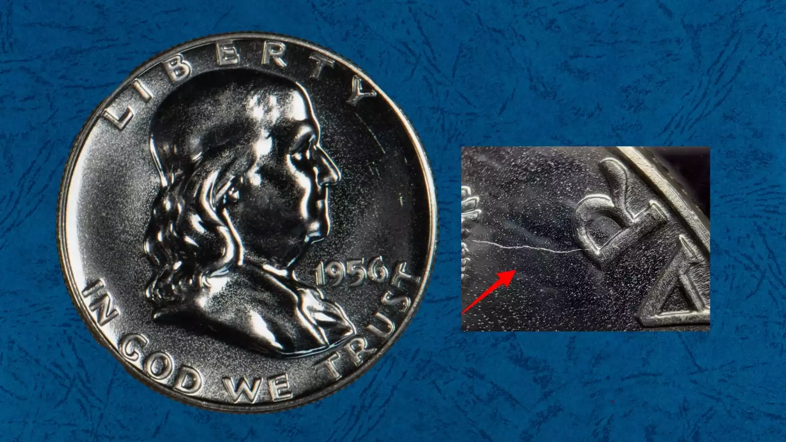 1956 Franklin Half Dollar curved clip planchet error showing crescent-shaped missing section at rim
