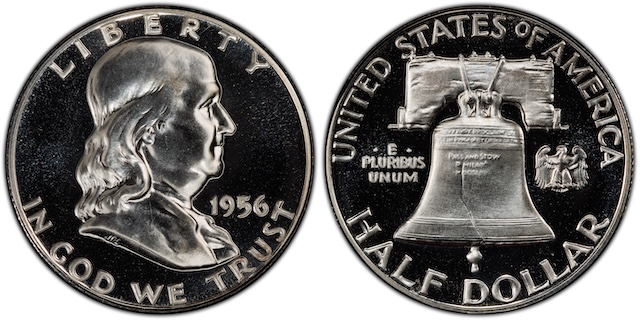 1956 Franklin Half Dollar grading strip showing four condition tiers from Worn through Gem Mint State